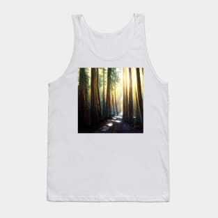 Tall trees lining a forest path as the sun shines through. Tank Top